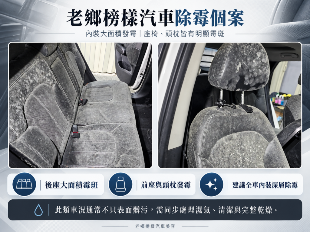 老鄉榜樣汽車除霉個案，後座與前座椅大面積發霉，建議全車內裝深層除霉清潔