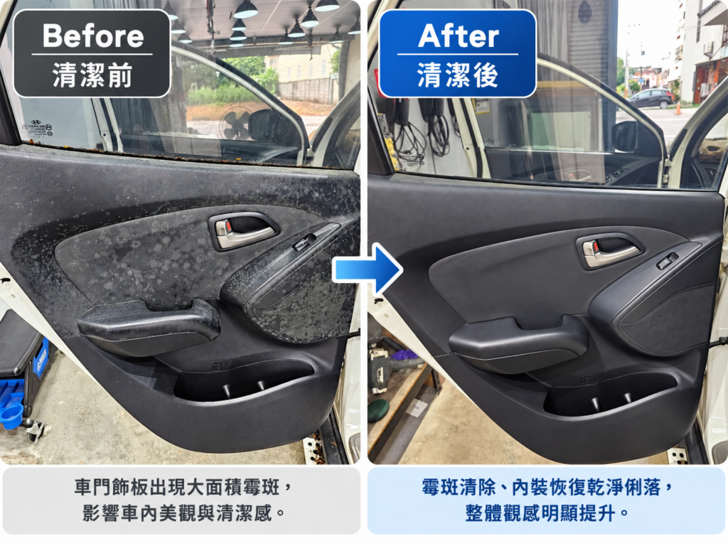 汽車車門內裝除霉前後對比，清潔前有大面積霉斑，清潔後恢復乾淨俐落